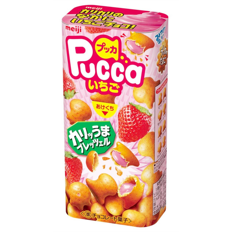 日本 明治 MEIJI Pucca Biscuits Strawberry 草莓巧克力夹心饼干 43g 人气产品【尝味期Exp. 3/2024】